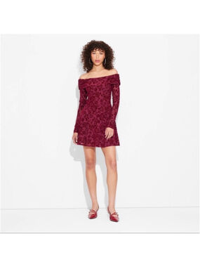 Wild Fable Flocked Red Rosette Fit And Flare Off Shoulder Long Sleeve Dress